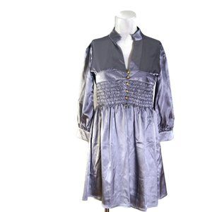Uno Core Metallic Satin Tunic Top Short Dress Gray/Silver Gold-Tone Buttons